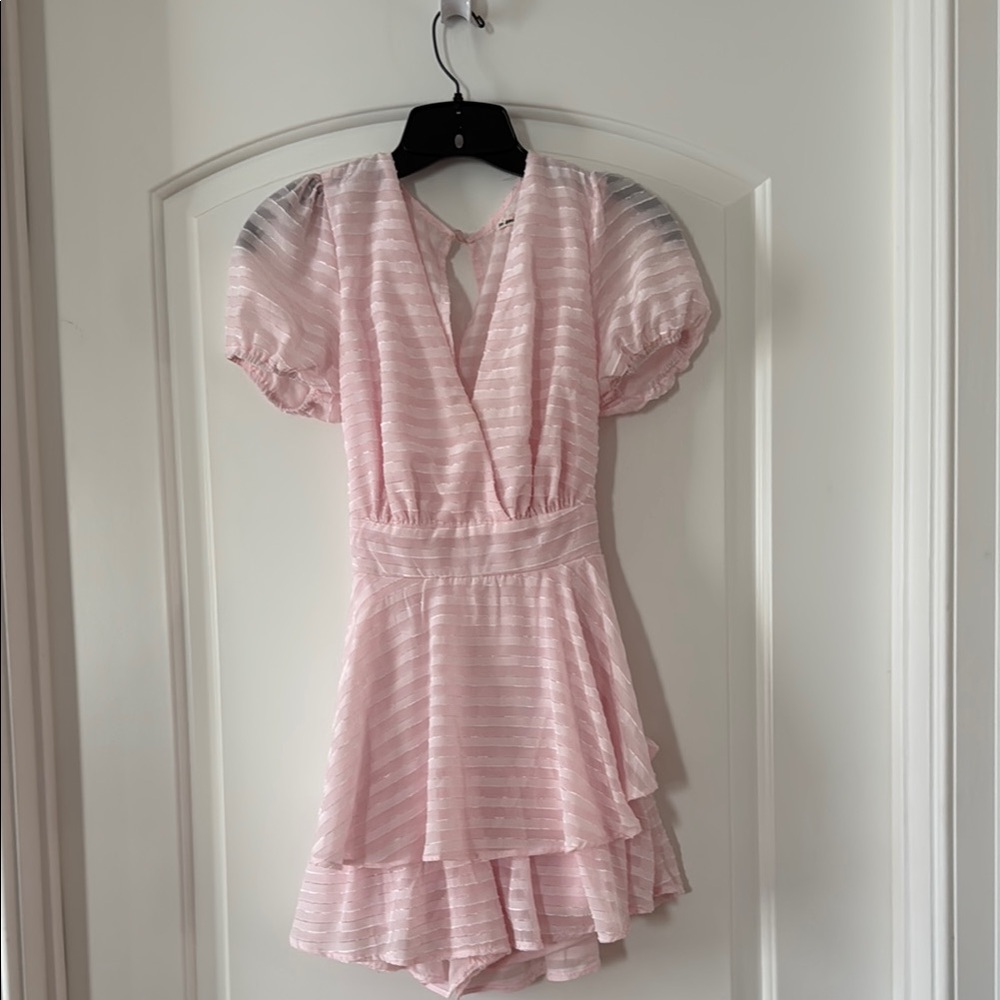 Pink Striped Puff Sleeve Romper/Dress, XS (juniors)